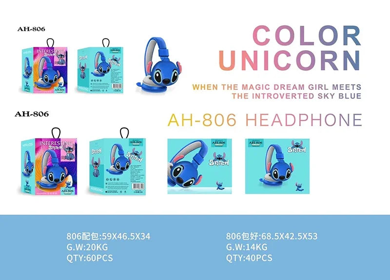 New Disney Stitch Wireless Bluetooth Headphones AH-806 HIFI Stereo Sound Foldable Headsets with Mic Anime Cartoon Children Gift