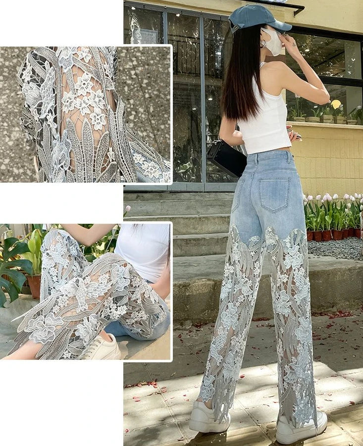 Pants for Woman and Capris Straight Leg with Rhinestones Transparent Women's Jeans Lace Grunge Y2k Spring Pant Vintage Trousers