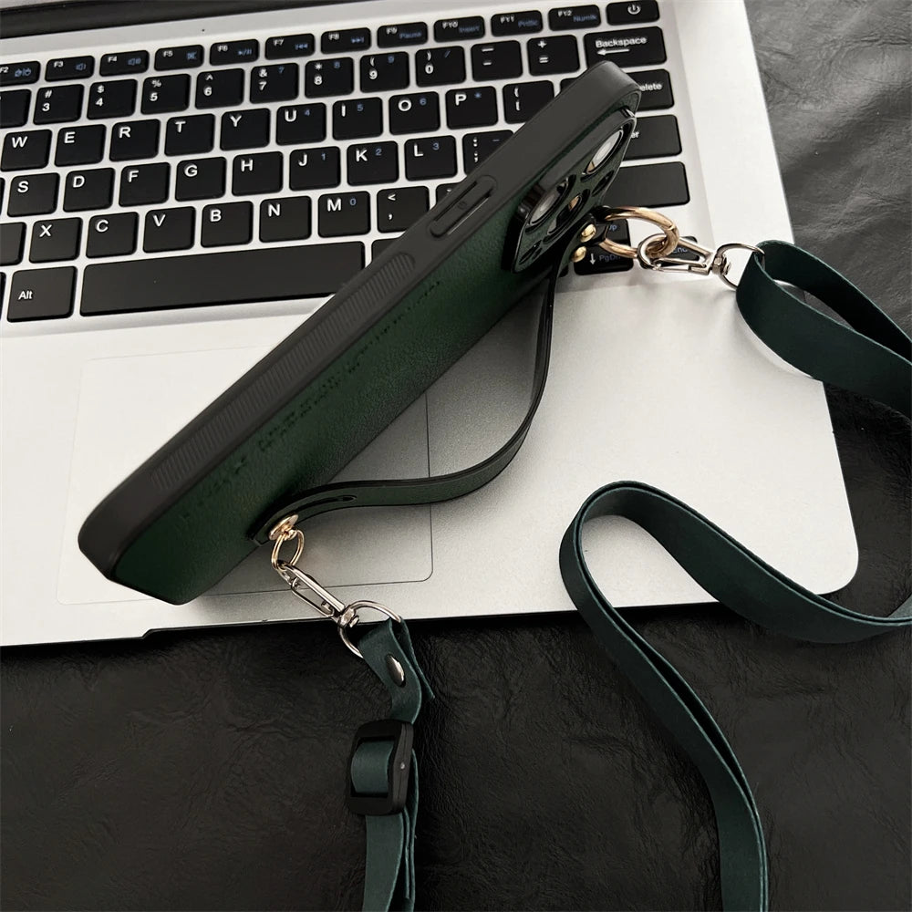 Luxury Litchi Leather Phone Case with Wrist Strap, Stand, and Crossbody Cord for iPhone