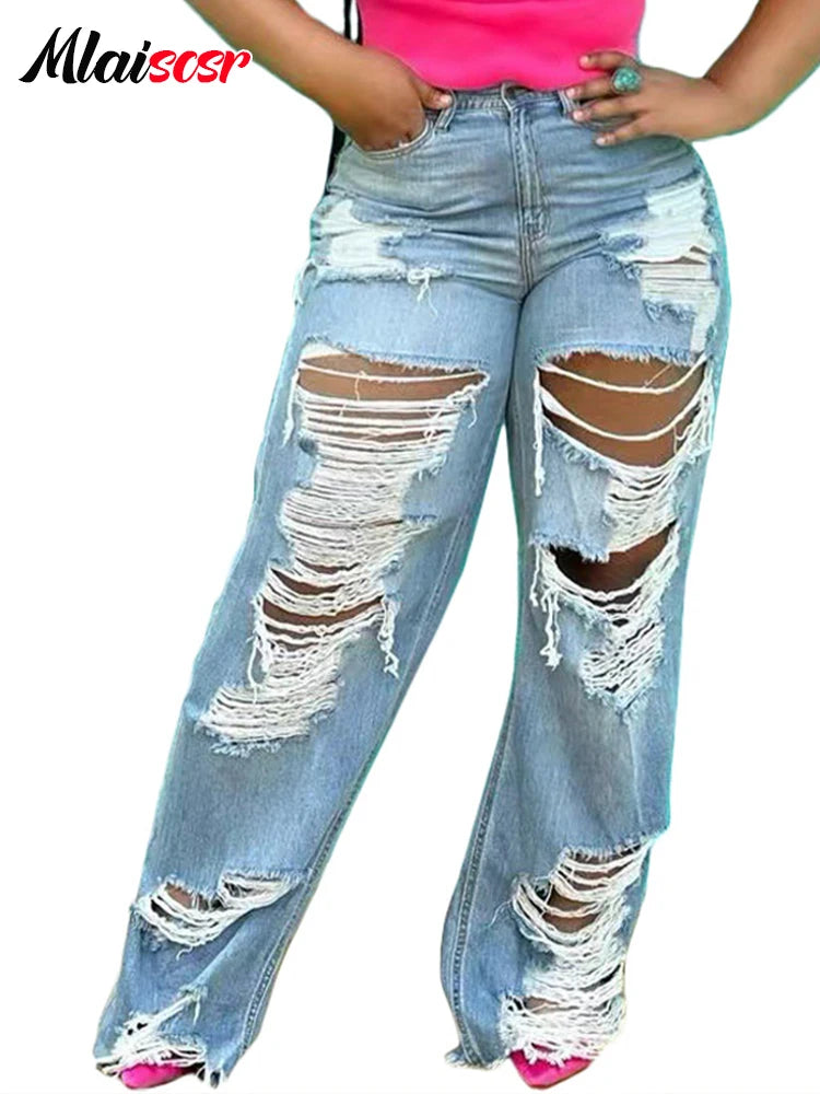 Mlaiscsr Sexigt hål slits raka jeans Dam Knappficka Lös Blå Denim Byxor med vida ben Byxor Streetwear Birthda Bottoms