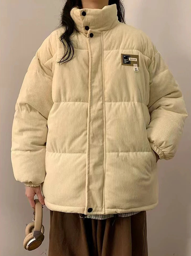 Överdimensionerad Corduroy Puffer Coat med fickor Varm och Retro Y2K Style