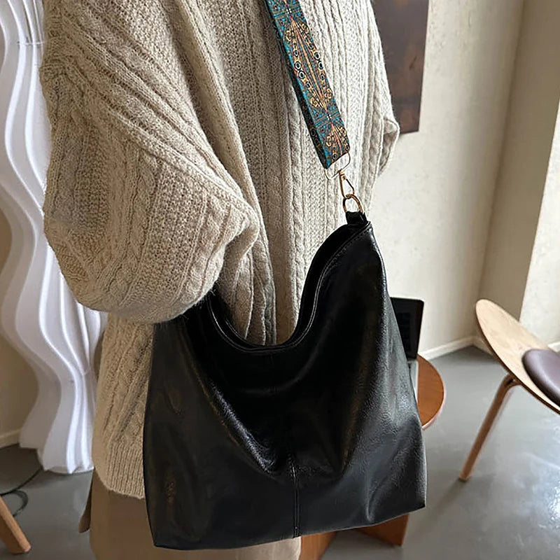 Bred geometrisk axelremsväska med stor kapacitet Crossbody-väskor för kvinnor, retro PU-läderväska för kvinnor för shoppingresor