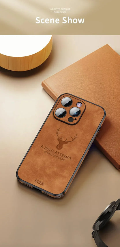 Lyxigt Deer Leather Telefonfodral med Lins Glas Bumper och Stötsäker Silikon för iPhone