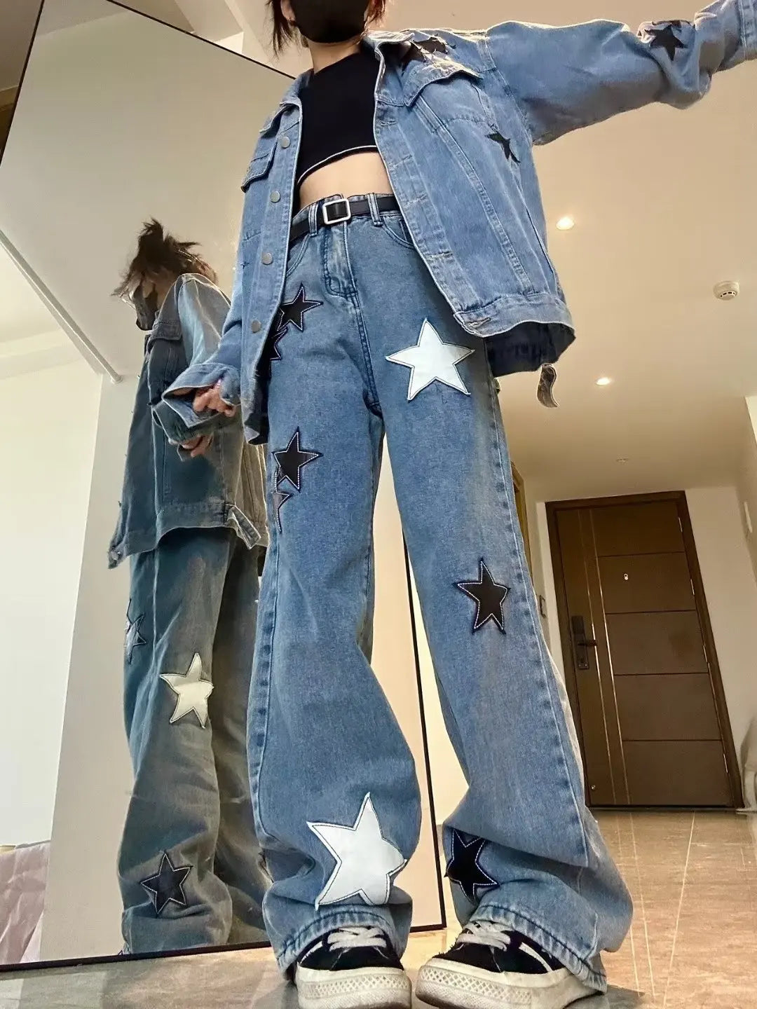 Star Print High Waist Jeans American Retro High Street Straight-leg Pants Patchwork Long Trousers Y2k Fashion Streetwear Baggy