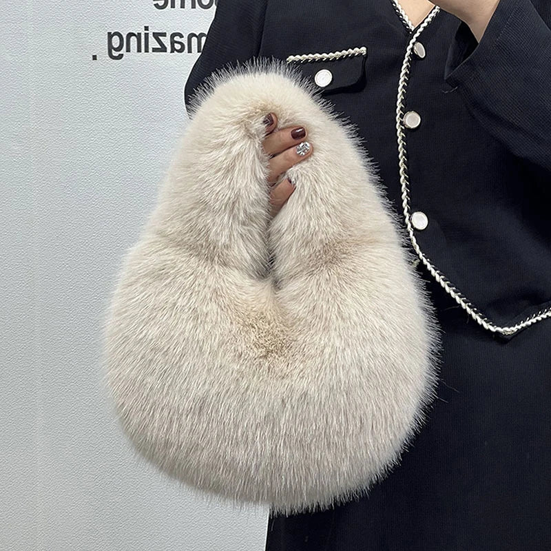 Lyxig fuskpäls axelväska för damer – mjuk plysch handväska för kvällsväska, fluffig crossbody-väska för kvinnor