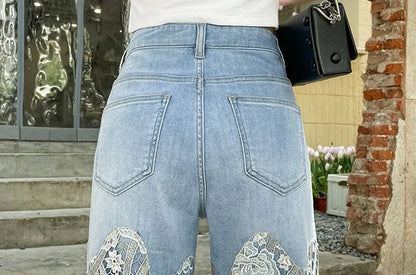 Pants for Woman and Capris Straight Leg with Rhinestones Transparent Women's Jeans Lace Grunge Y2k Spring Pant Vintage Trousers