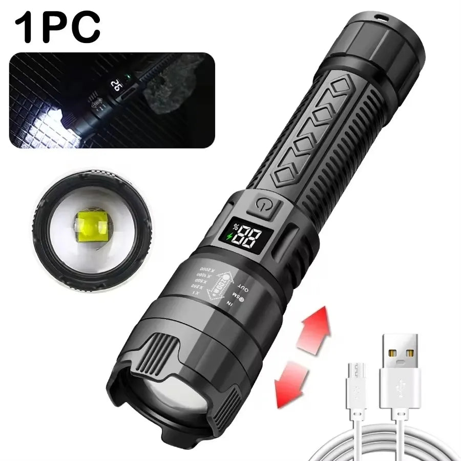 1600000 LM Super Ljus Ficklampa USB Uppladdningsbar LED Long Range Taktisk Ficklampa Utomhus Vattentät Camping Fiske Lykta