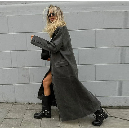 Women's Grey Leather Long Coat with Turndown Collar