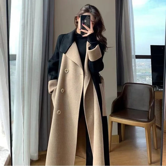 Elegant Long Cashmere Blend Overcoat with Slim Sashes