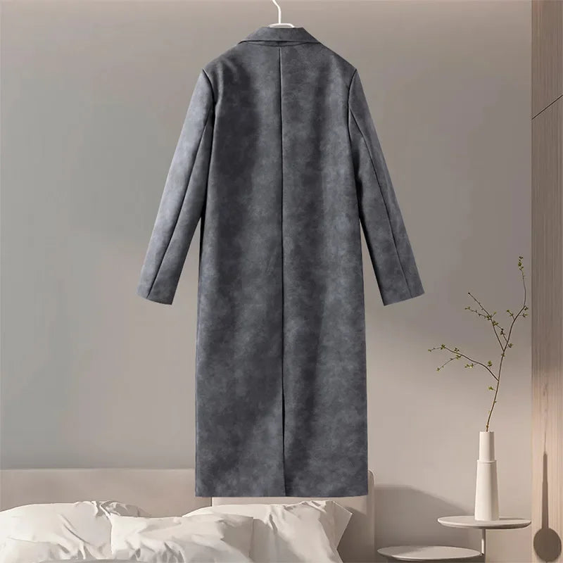 Women's Grey Leather Long Coat with Turndown Collar