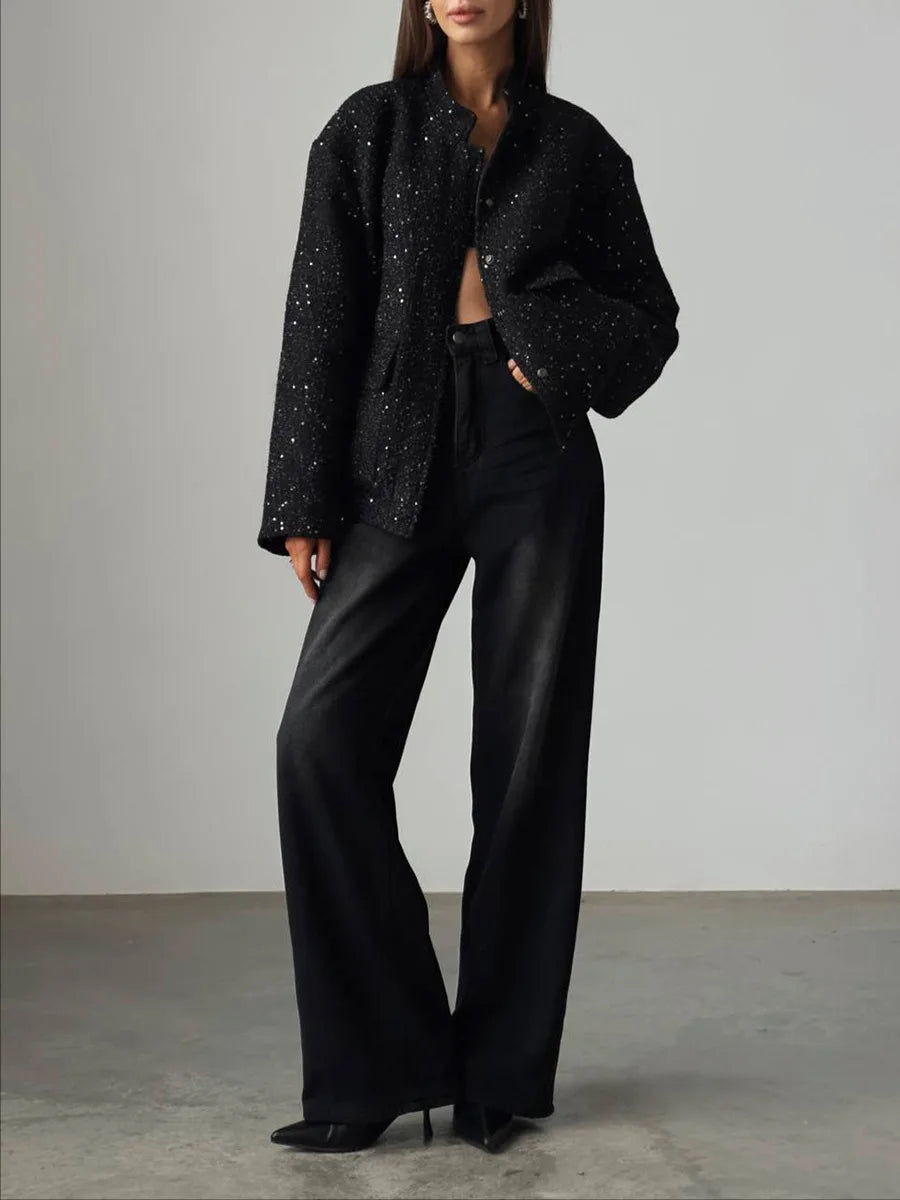 Loose Tweed Sequin Jacket Casual and Elegant