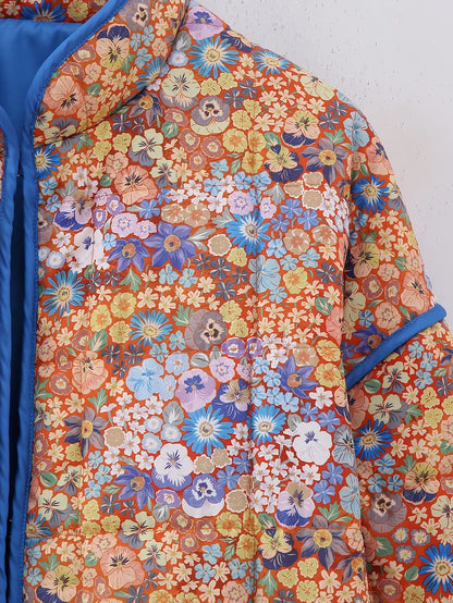 Floral Print Quilted Jacket with Stand Collar and Pockets Chic and Warm