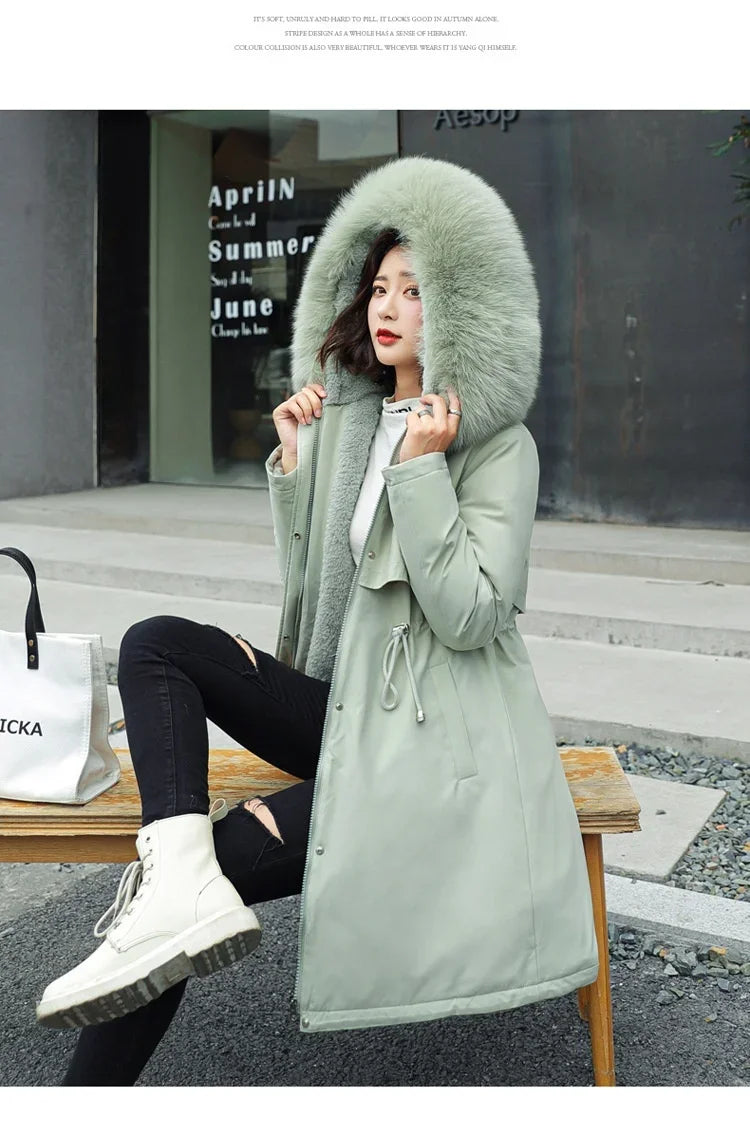 Long Hooded Parka with Wool Liner and Fur Collar Thick and Warm