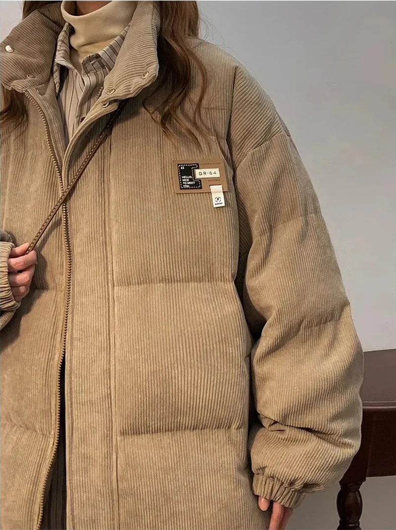 Överdimensionerad Corduroy Puffer Coat med fickor Varm och Retro Y2K Style