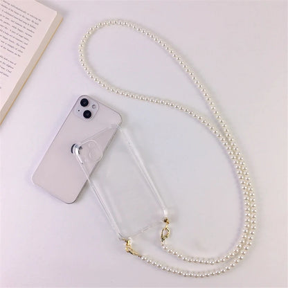 Luxury Korean Crossbody Pearl Chain Phone Case with Transparent Cover and Strap for iPhone