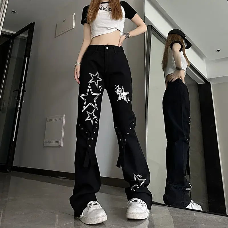 Womens Jeans With Print Graphic Pattern Star Trousers Wide Leg Emo Vibrant Baggy R On Sale Grunge Y2k A Z Denim Pants for Women