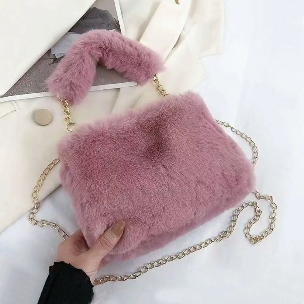 Fashion Women Fluffy Shoulder Bag – Winter Chain Underarm Bag med mjukt plyschhandtag