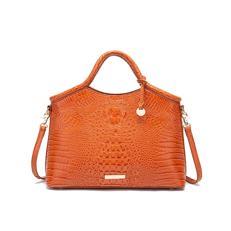 Genuine Leather Handbag – High-End Retro Women's Bag with Crocodile Pattern and Solid Color Design