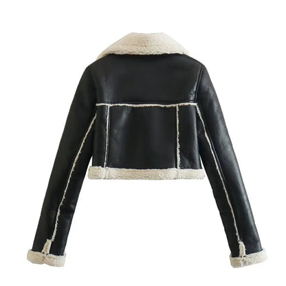 Double-Sided Cropped Leather Jacket with Zipper Loose Fit and Stylish