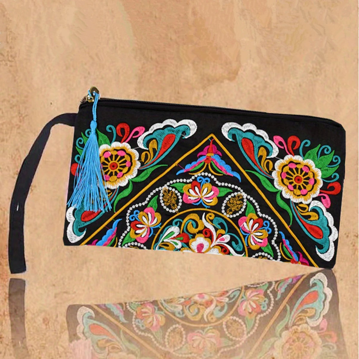 Vintage Ethnic Style Embroidered Wallet – Long Wristlet Clutch Bag with Floral Fabric Design and Phone Pocket