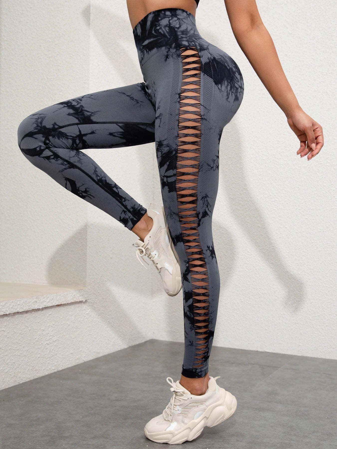 Sömlösa gymleggings för kvinnor med hög midja Tie Dye med Hollow Out-design