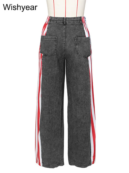 Wide Leg Baggy Jeans with High Waist and Stripe Patchwork Design