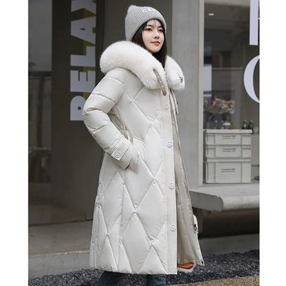 Slim Long Fur Collar Parka Coat Elegant and Warm