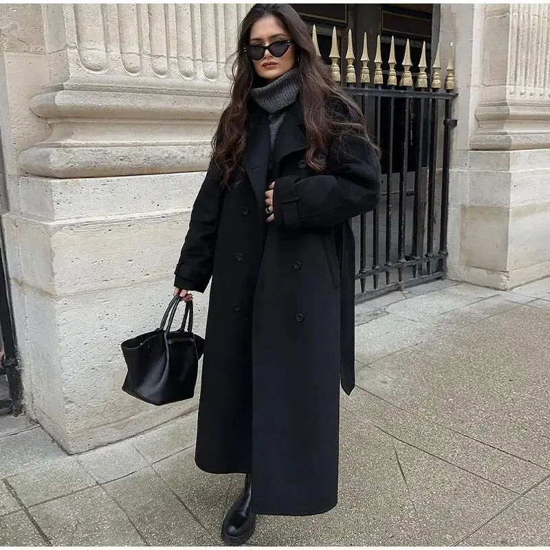 Women's Black Long Wool Coat with Belt and Lapel