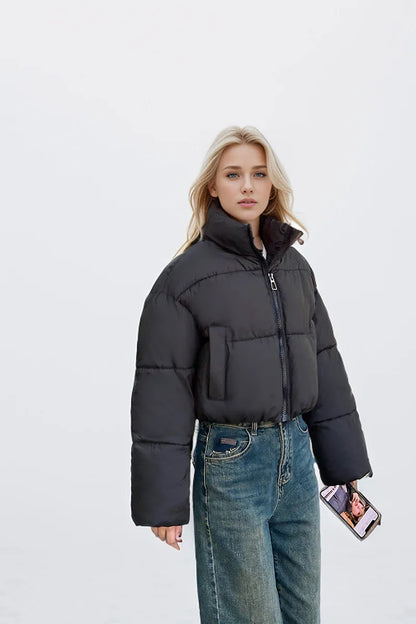 Women's Cropped Puffer Jacket with Stand Collar