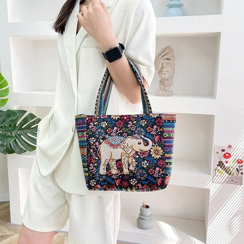 Fashion Women's Canvas Handbag - Animal Ethnic Style Embroidered Tote Bag with Elephant, Peacock, and Rabbit Designs