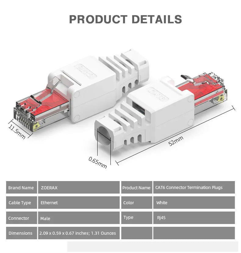 ZoeRax 1PCS Tool Free RJ45 CAT6 Connector Ethernet Termination Plugs,  23AWG to 26AWG Cable Internet Plug Installation Toolless