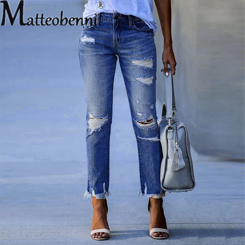 Fashion Broken Holes Tassel Straight Jeans Women's Mid-waist Button Splicing Denim Pants Ladies Trend Streetwear Casual Trousers