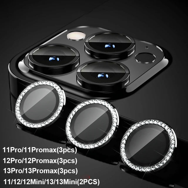 Diamond Glitter Camera Protection For Iphone 16 15 14 13 11 Pro Max Plus Lens Tempered Glass On Iphone 13 11 Pro Max Metal Ring