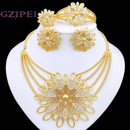 Luxury Jewelry Set For Women High Quality 18K Gold Plated Dubai Jewelry Necklace Earring Ring Bracelet Trending