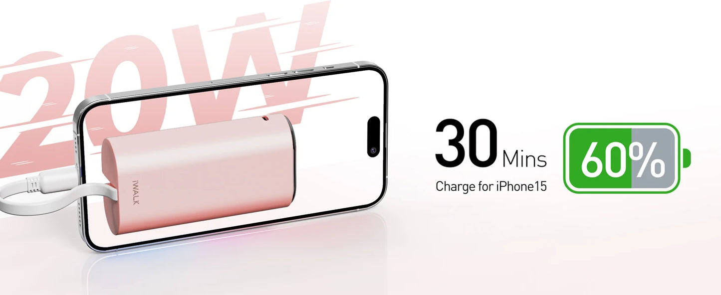 iWALK 9600mAh Portable Charger with 20W Fast Charging and Built in USB C Cable