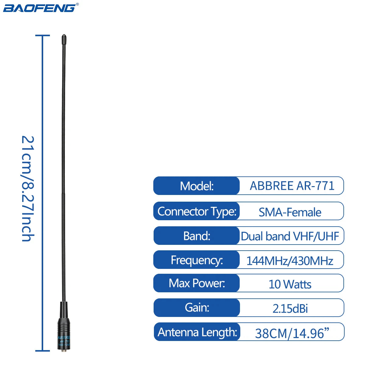 ABBREE AR 771 SMA honantenn Dual Band 144/430MHz för Baofeng UV 5R S9PLUS UV 13 21Pro Quansheng UV K5 Walkie Talkie NA771