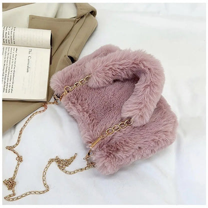 Fashion Women Fluffy Shoulder Bag – Winter Chain Underarm Bag med mjukt plyschhandtag