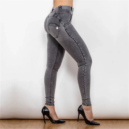 Shascullfites Melody High/Mid Waist Denim Jeans Faux Denim Skinny Super Elastic Snow Wash Faded Gray Jeans Full Length