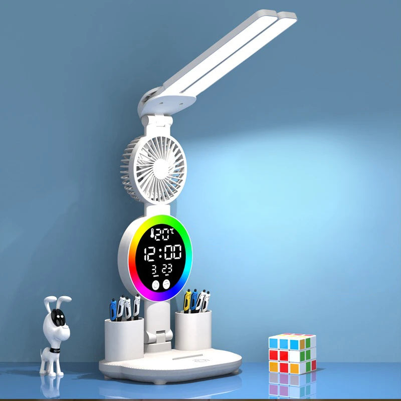 Rechargeable LED Table Lamp with Fan – Desk Reading Light, Night Light, and Clock Display