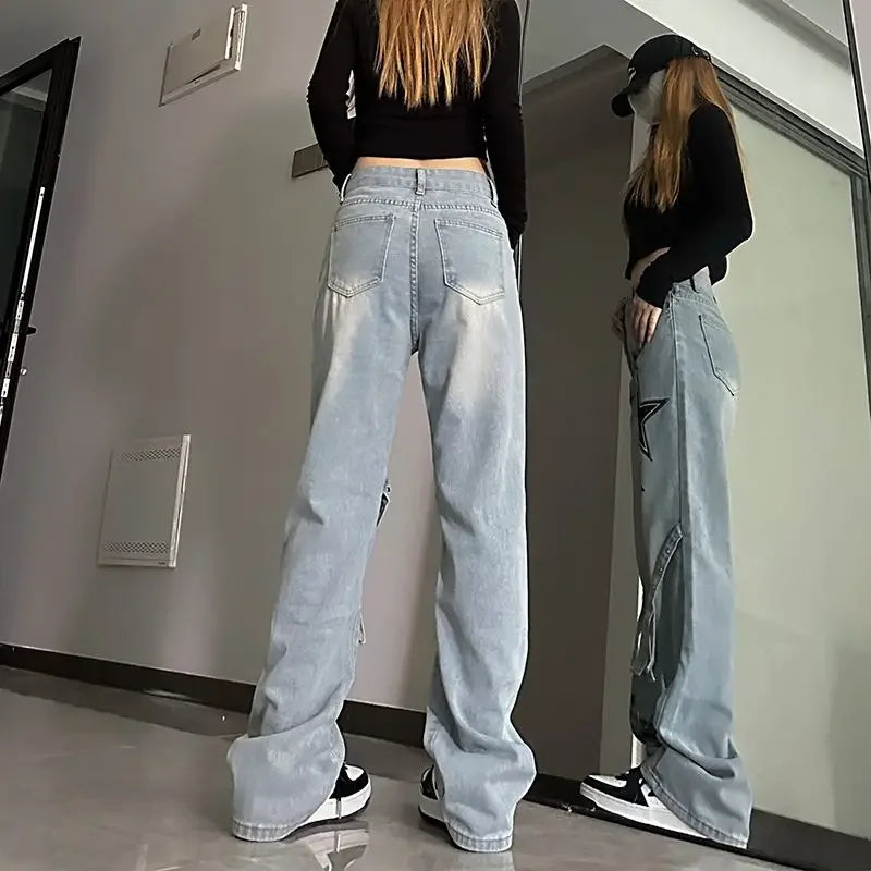 Damjeans med tryck Grafiskt mönster Stjärnbyxor vida ben Emo Vibrant Baggy R Rea Grunge Y2k AZ jeansbyxor för kvinnor