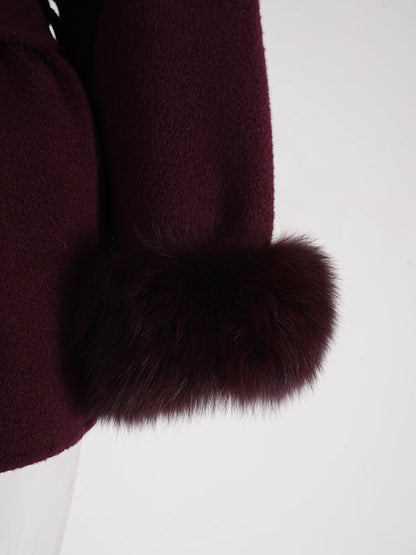 Wine Red Woolen Coat with Fur Cuffs and Belted Design