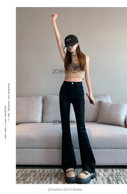 ZOENOVA Harajuku Street Casual Simple Solid Color Women's Jeans 2024 New Fashion Lady High Waist Slim VersatileMicro Flare Pants