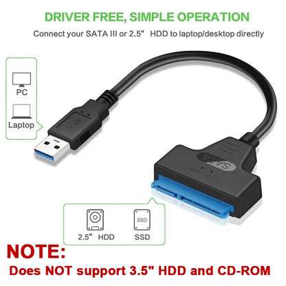 SATA till USB 3.0 / 2.0-kabel Upp till 6 Gbps för 2,5 tums extern hårddisk SSD-hårddisk SATA 3 22-stiftsadapter USB 3.0 till Sata III-sladd