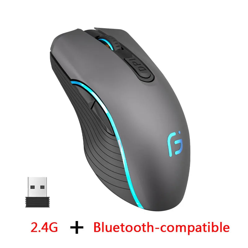 Uppladdningsbar datormus Dual Mode Bluetooth+2,4Ghz trådlös USB-mus 2400DPI Optisk spelmus Gamermöss för PC Laptop