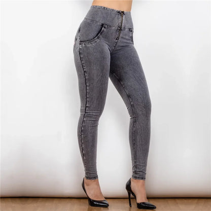 Shascullfites Melody High/Mid Waist Denim Jeans Faux Denim Skinny Super Elastic Snow Wash Faded Gray Jeans Full Length