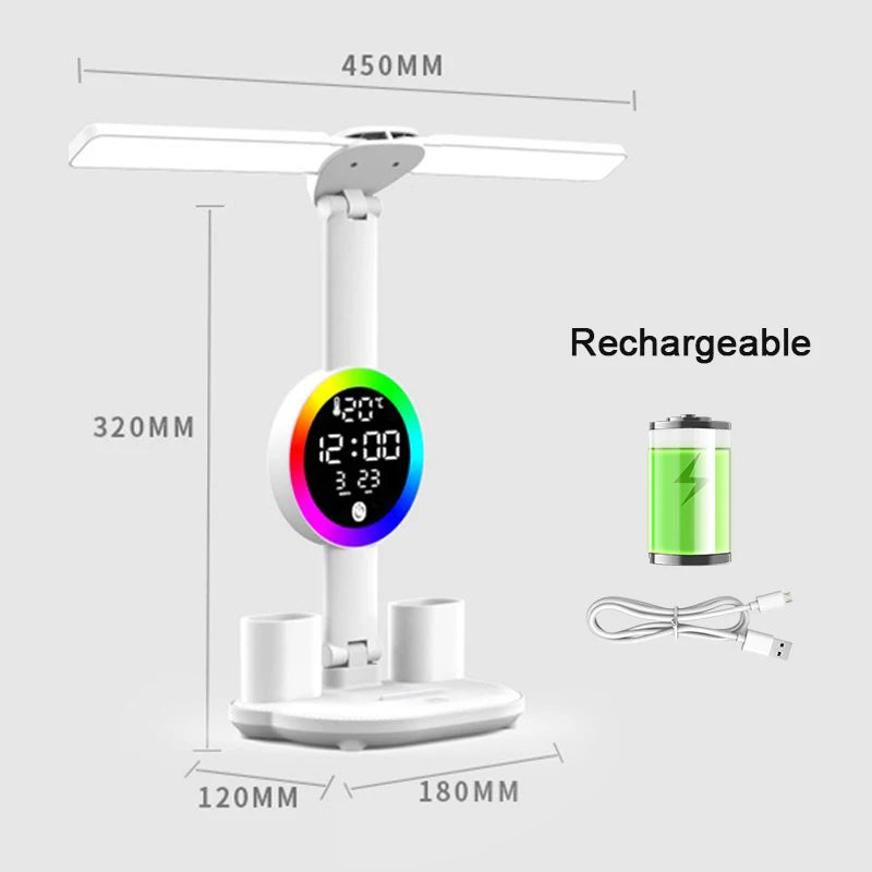 Uppladdningsbar LED-bordslampa med fläkt – Skrivbordsläslampa, nattlampa och klockdisplay