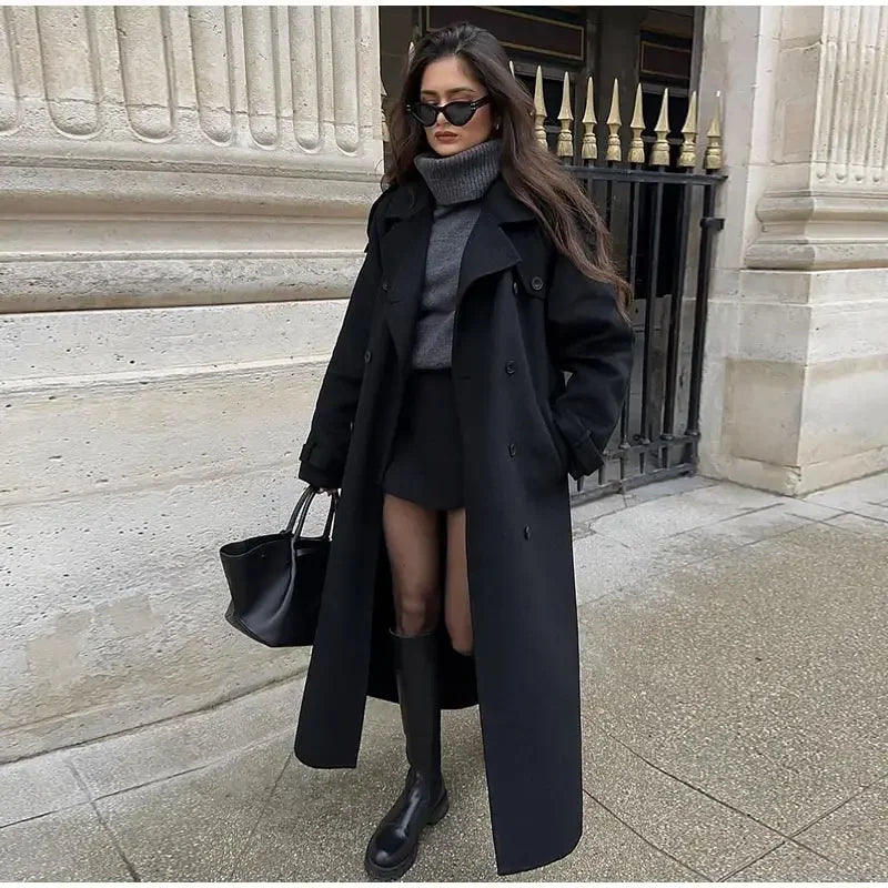 Women's Black Long Wool Coat with Belt and Lapel