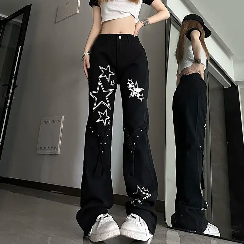 Womens Jeans With Print Graphic Pattern Star Trousers Wide Leg Emo Vibrant Baggy R On Sale Grunge Y2k A Z Denim Pants for Women