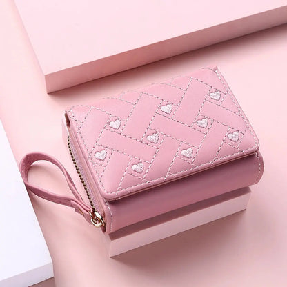 Women's Short Embroidered Love Zero Wallet Zipper Buckle Large Capacity Card Bag Versatile Fashion Simple