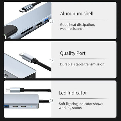 Usb 8 In 1 Typ C 3 1 Till 4k HdTV Hub Adapter Med Sd Tf Rj45 Kortläsare Pd Snabbladdning För Macbook Notebook Computer